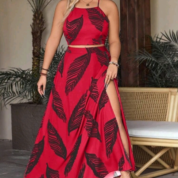 Size 16 2X SHEIN Red and Black Leaf Print Maxi Dress - Picture 3 of 4